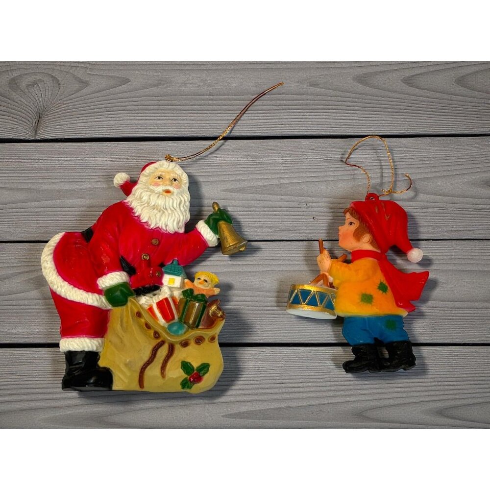 Vintage Santa & Drummer Boy Christmas Ornaments Hand-Painted Flat Plastic